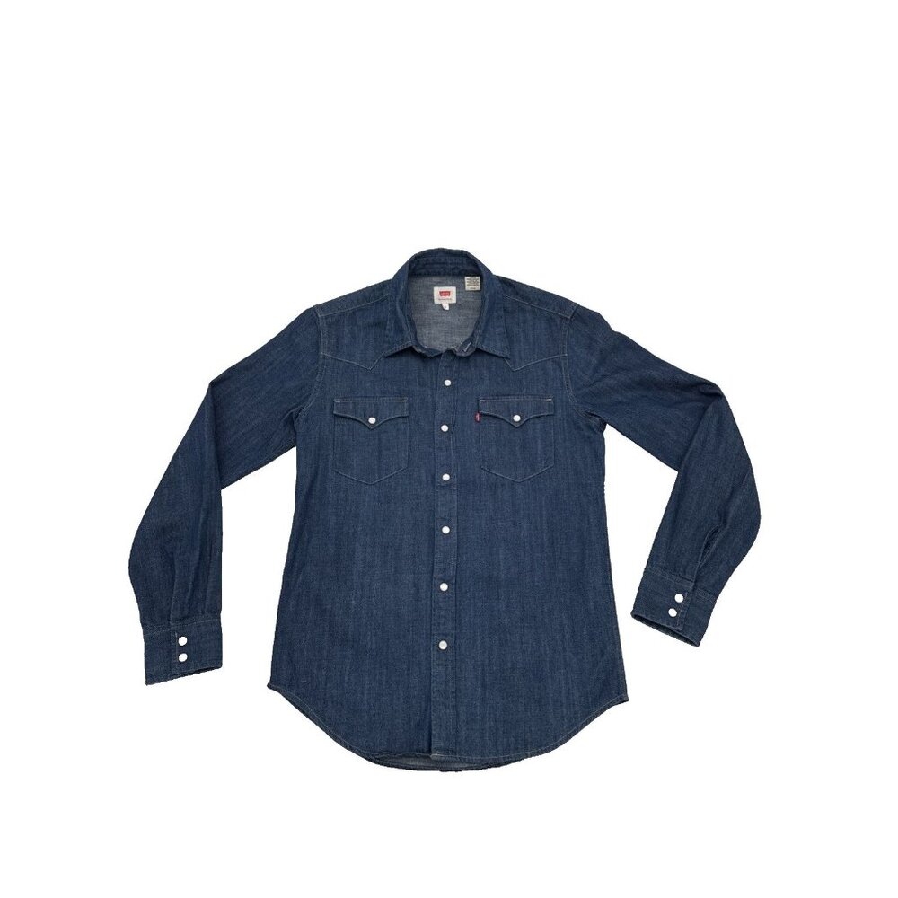 Levis The Barstow Western Standard Denim Shirt Men Small Indigo Pearl Snaps